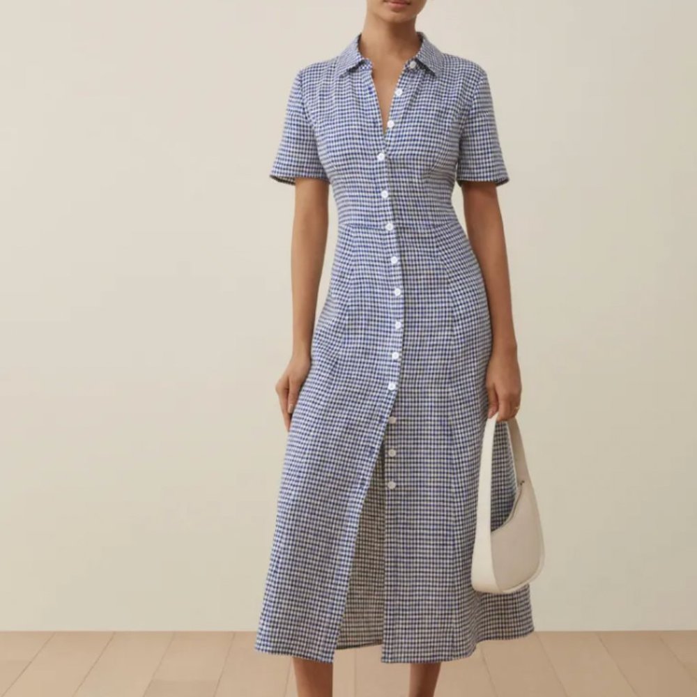 REFORMATION Marianne NWOT linen Navy + White checked button front dress Size 12